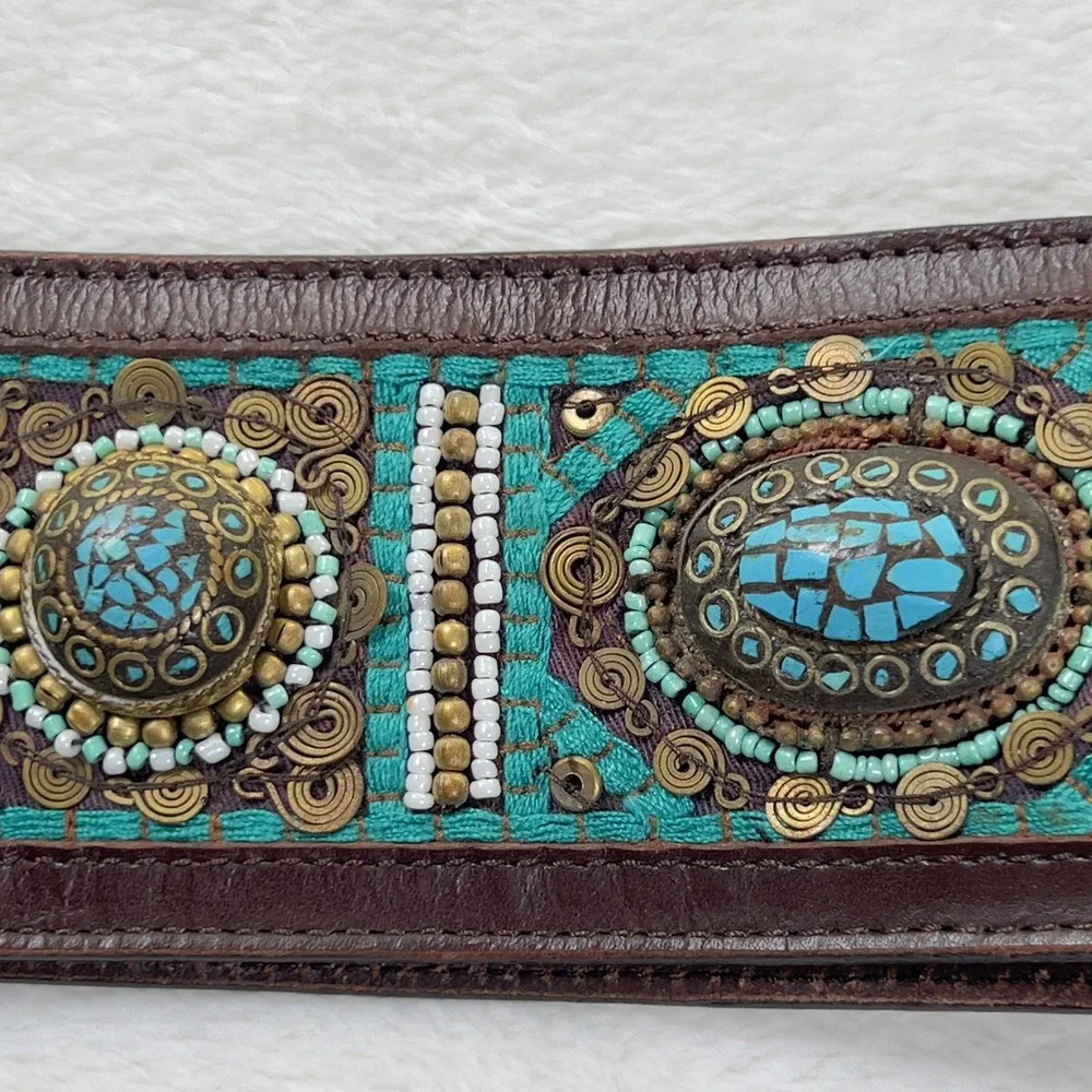 Chicos Turquoise Beaded Thick Leather Belt Womens Sz L Brown Boho Medallion